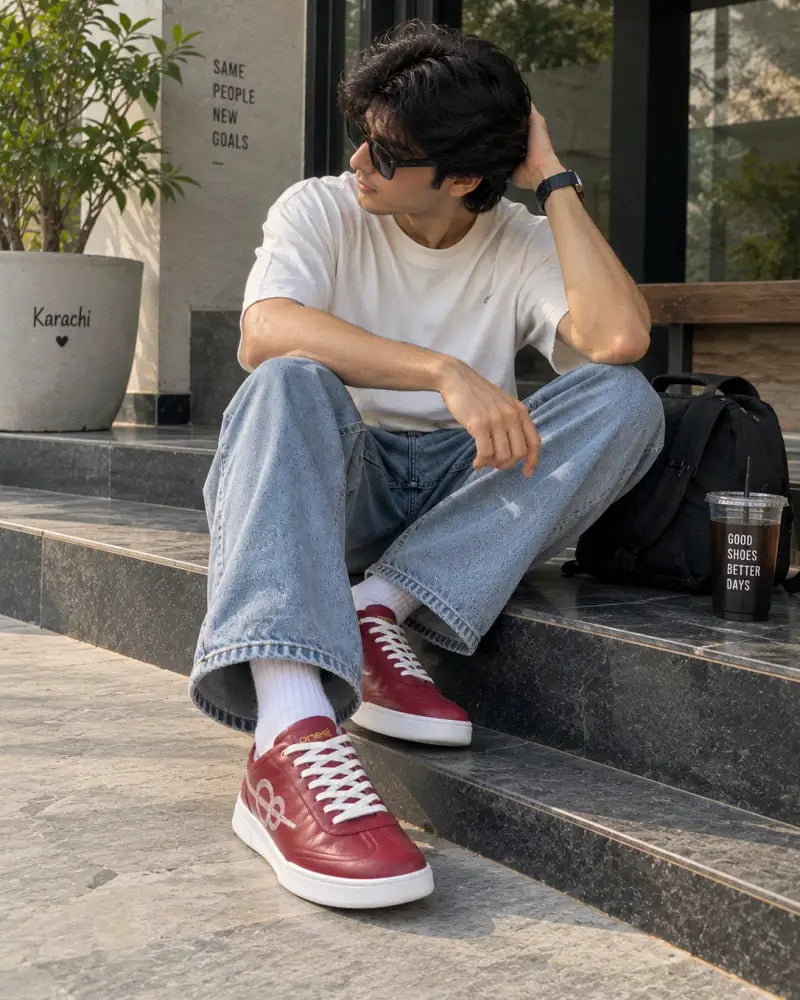 Customer wearing the FAKHIZ sneaker in red