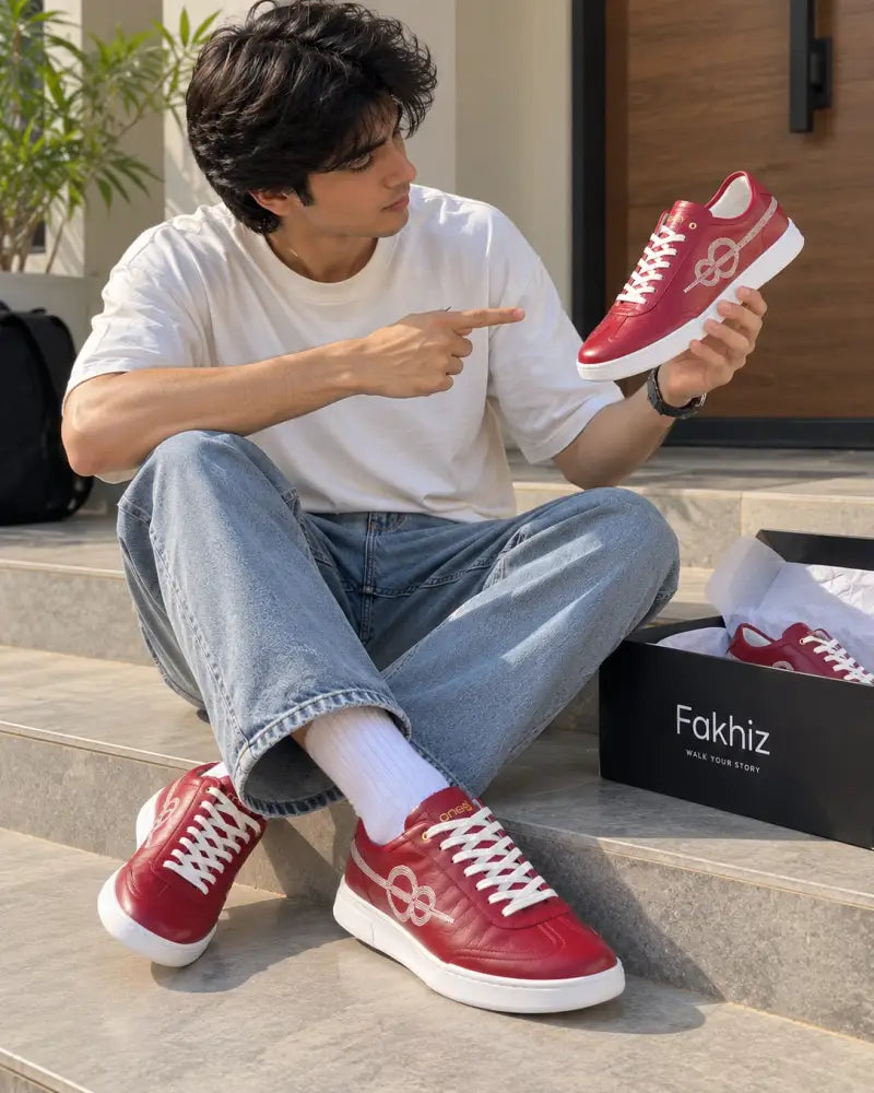 Customer wearing the FAKHIZ sneaker in red